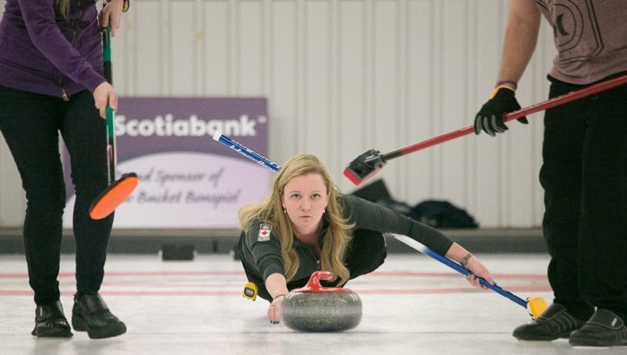 2016 Canadian women&#8217;s champion skip Chelsea Carey throws a rock during the Yellow Bucket Bonspiel at the Innisfail Curling Club on Nov. 5.