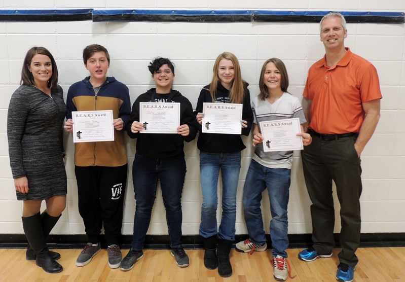 Students in pre-kindergarten to Grade 9 are recognized each month with the B.E.A.R.S. Awards at St. Marguerite Bourgeoys School. Students are seen here with their awards in