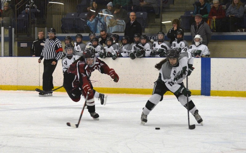 Central Alberta Amazons captain Emma Malsbury keeps her eye on the puck during Game 1 of the Alberta Junior Female Hockey League (AJFHL) Finals against the Sherwood Park