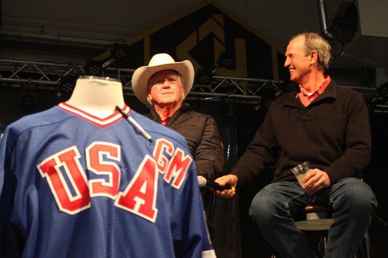 Brian Burke, left, director of operations for the Calgary Flames, and the Eagles&#8217; head coach Brian Sutter, started off the March 18 Honky Tonk and Hockey Talk in Olds