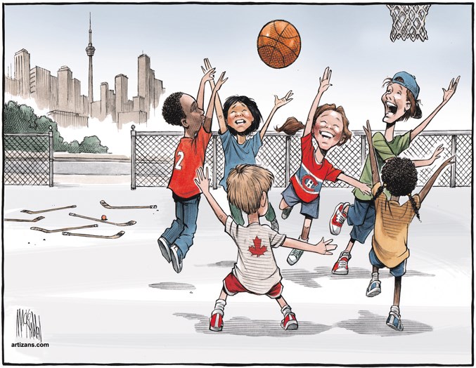 Canadian kids cast aside their hockey sticks to play basketball