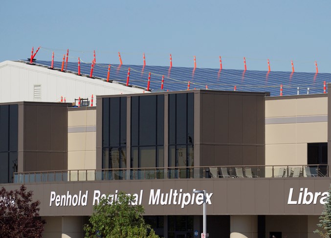 New solar panels on the roof of the Penhold Regional Multiplex on July 23.