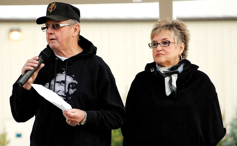 Terry Fox&#8217;s uncle and aunt, Jay (John) and Darlene Wark, share an encouraging message with the students of Hugh Sutherland and Carstairs Elementary before the