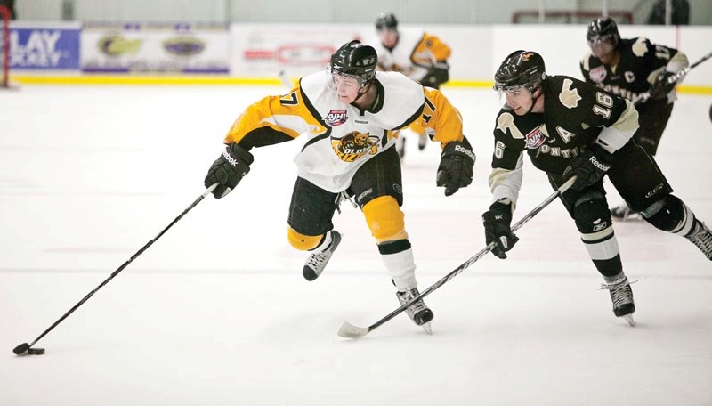 Olds Grizzlys player Chase Paylor attempts to keep control of the puck during the Grizzlys game against the Bonnyville Pontiacs at the Olds Sportsplex last Friday. The