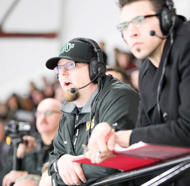 Galen Hartviksen (left) has called play-by-play action at Olds Grizzlys games for 10 years.