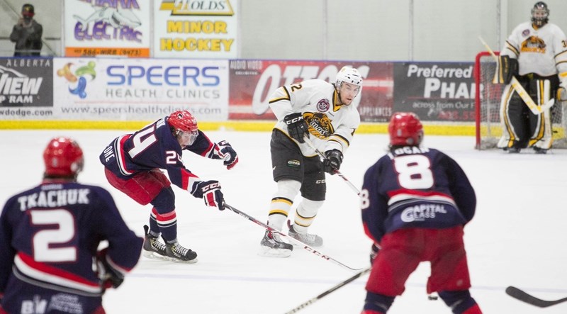 Kyle Moore was one of three Grizzlys who scored during Olds&#8217; losing effort against the Brooks Bandits on March 18 at the Olds Sports Complex. Brooks won the game 6-3