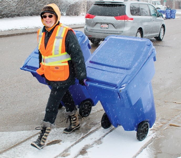 Mayor Judy Dahl helps deliver recycling bins to homes on 50 Street on the morning of April 16, the last day of the town&#8217;s blue bin rollout. CLICK ON PHOTO FOR LARGER