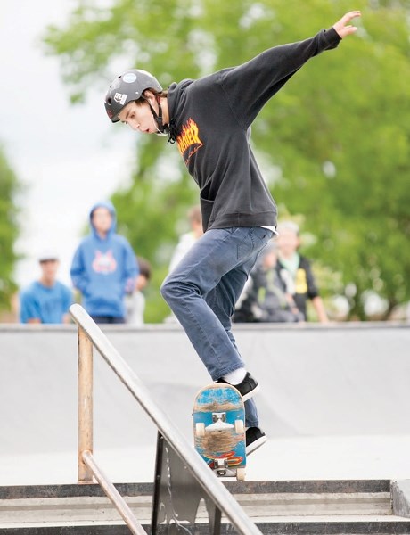 A participant in last year&#8217;s Hay City Slam executes a rail slide during the event. This year&#8217;s Slam takes place on July 26 and 27 at the Olds Skateboard Park at