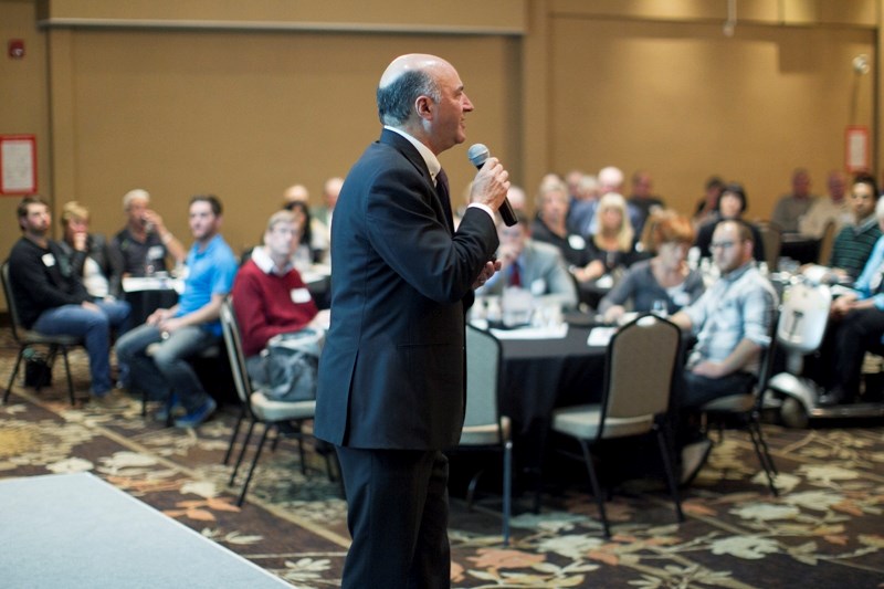 Television star and investment firm co-owner Kevin O&#8217;Leary gives a financial presentation to a group of people at the Pomeroy Inn and Suites on Oct. 6.