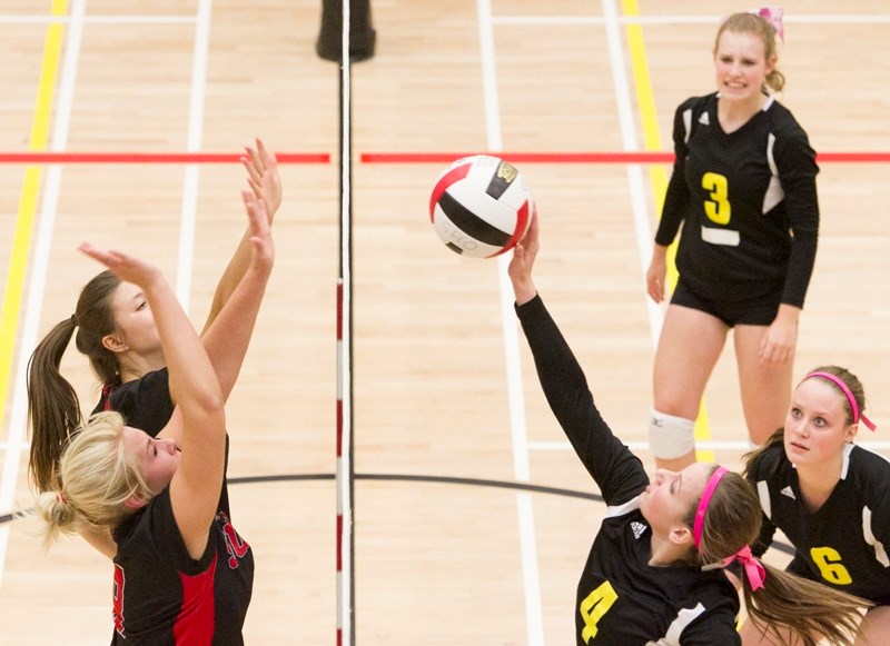 SPIKE IT &#8211; &lt;br /&gt;Olds High School Spartans senior volleyball player Janelle Owens spikes the ball during the Spartans game against the Sundre High School Spartans 