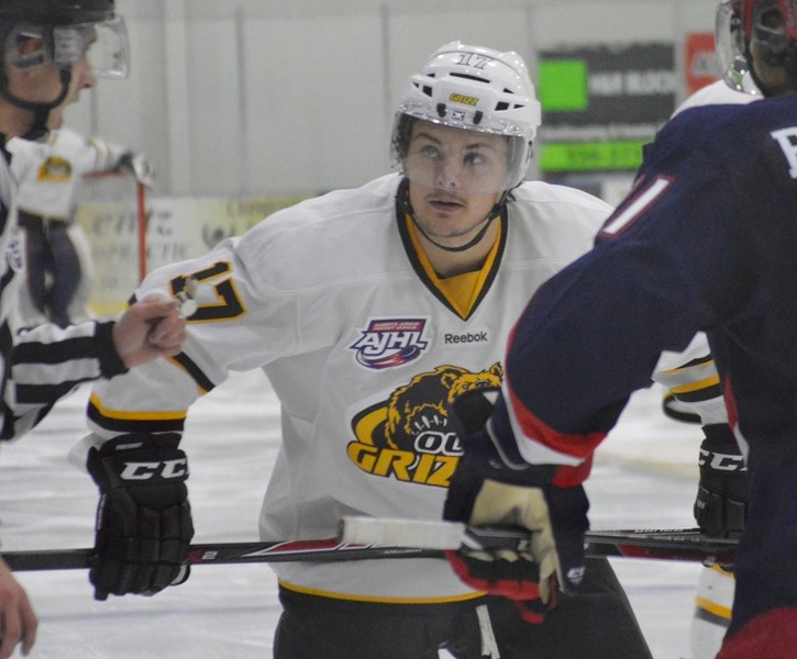 Colton Sheen made his debut for the Olds Grizzlys on Oct. 25 against the Brooks Bandits at the Olds Sportsplex. The forward was acquired from the Calgary Canucks on Oct. 23