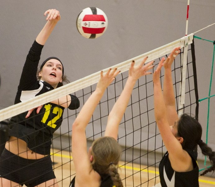 Olds High School Spartans player Morgan Lynch spikes the ball during the Spartans game against the Banff Academy Bears at Olds High School on Oct. 24. The game was part of a