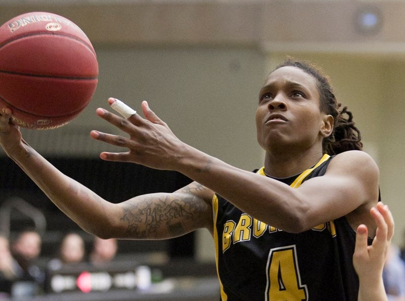 Olds College Broncos player Ronika Ransford attempts a shot during the Broncos&#8217; game against Briercrest College on Jan. 23.