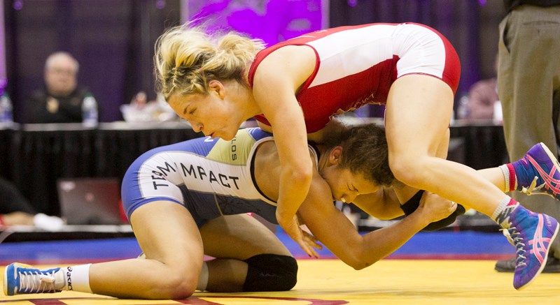 As of late this past week, 16 people had contributed $1,425 to a GoFundMe account for Olds Olympic wrestler Danielle Lappage (in red and white here).