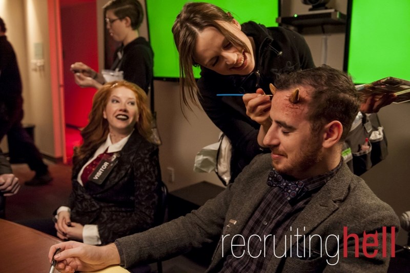 From left, former Olds resident Marliss Weber stars as Jezebeth in her short film, Recruiting Hell. On right, makeup artist Sarah McGaw works on Joel Taras, as Agares.