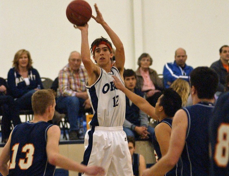 Olds Koinonia Christian School&#8217;s Bryce Parrott rises for a jumper in the Royals&#8217; semifinal game against Trochu Valley at the South Central Zone 1A championship on 