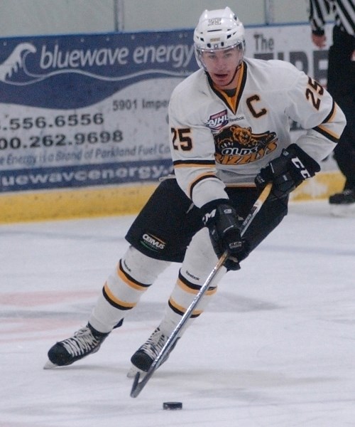 Jack Goranson skates through the neutral zone during a game against the Bonnyville Pontiacs in Olds this past season.