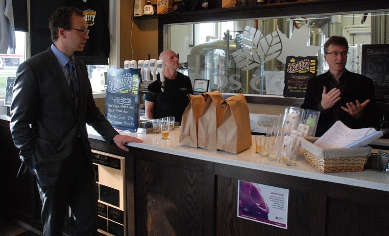 Advanced Education Minister Marlin Schmidt checked out the brewery during a tour of Olds College April 27. Here, Schmidt (far left) listens as Olds College Brewery general