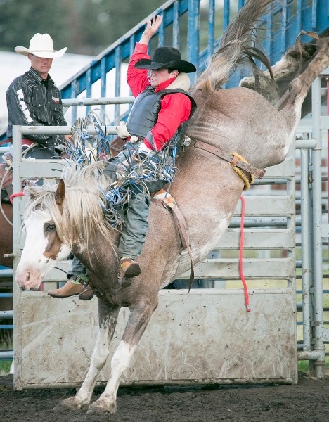 Ky Marshall of the Bowden area puts in his winning performance during the inaugural bareback challenge at the Bowden Daze Rodeo last year.