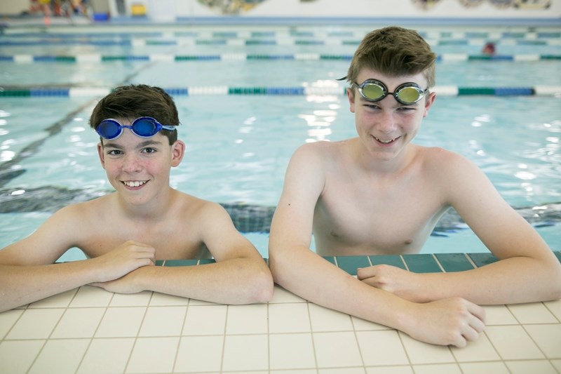 Carson Ogloff, left, and Aiden Morgan at the Olds Aquatic Centre.