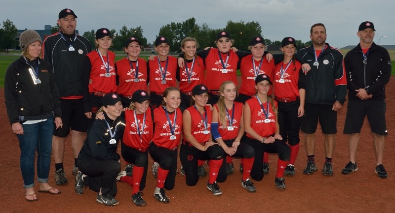 The Olds Pistols U-14 team won silver at the Softball Alberta B Provincials in Edmonton earlier this month. From left to right: back row: manager Mary Jane Block, assistant