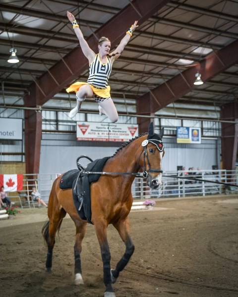 Meadow Creek Vaulting Club&#8217;s Jeanine van der Sluijs and Averill Saunders are headed to the World Championships this month from Aug. 18-21 in France. Pictured here is