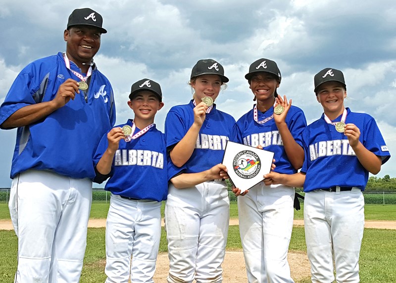 From left, Team Alberta coach Will Downs, Olds&#8217; Taurie Hammer, Gabriela Coderre, Zelaya Downs and Olds&#8217; Brynlee Rice. During the 2016 Pee Wee Girls Western Canada 