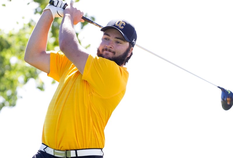 Olds College Broncos golfer Erik Benoit tees off during an ACAC tournament at the Olds Central Highlands Golf Course on Sept. 18.