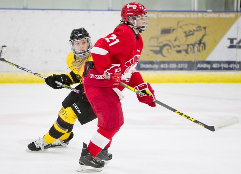 SAIT Trojans player Dayna Leonard during the Trojans&#8217; game against the Olds College Broncos at the Olds Sportsplex on Nov. 3.