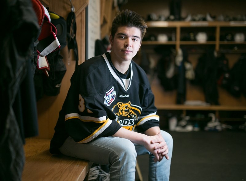 Olds Grizzlys player Ben Giesbrecht in the Grizzlys&#8217; dressing room.