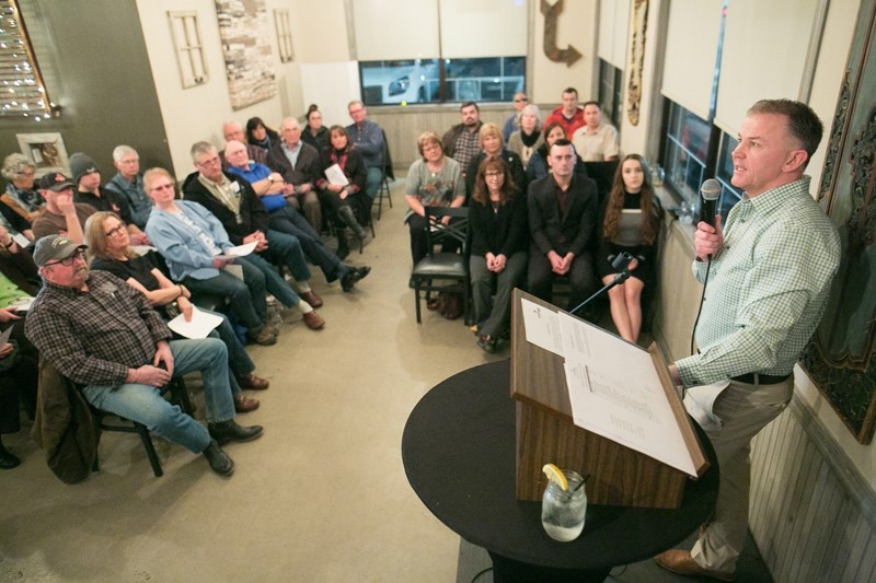 Olds-Didsbury-Three Hills PC constituency association delegate Jordan Cleland addresses the crowd during the association&#8217;s delegate selection meeting Feb. 10 at the