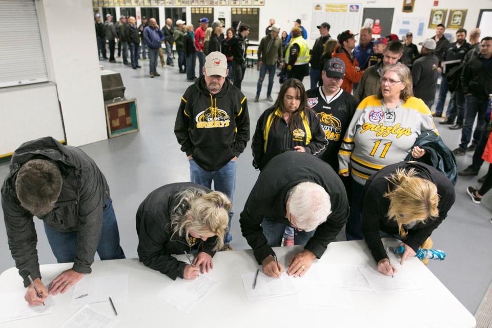 More than 200 people signed in at an emergency town hall meeting to discuss the future of the Olds Grizzlys hockey team at the Olds Sportsplex on May 24.