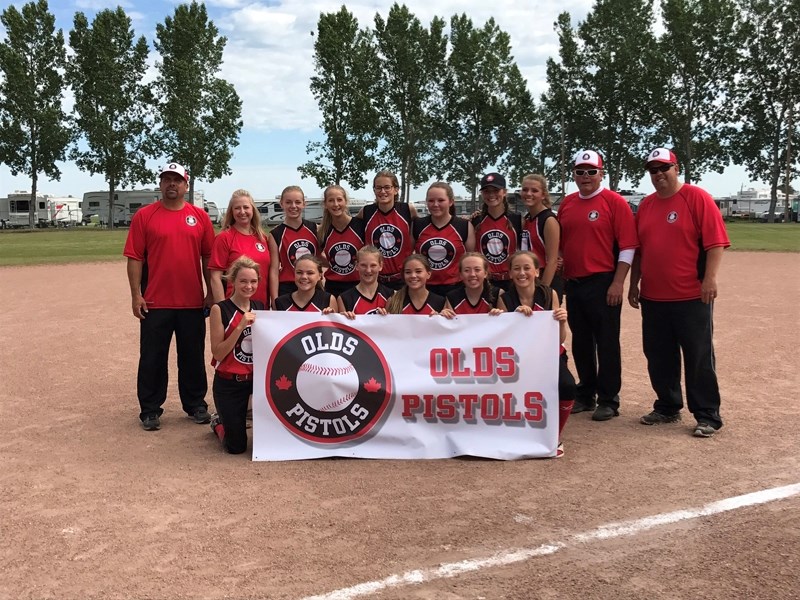 PROVINCIAL CHAMPS: The Olds Pistols U-14 B girls won their provincial championship, shutting down the Calgary West Valley Warriors with a 12-5 win in Strathmore, July 1-3.