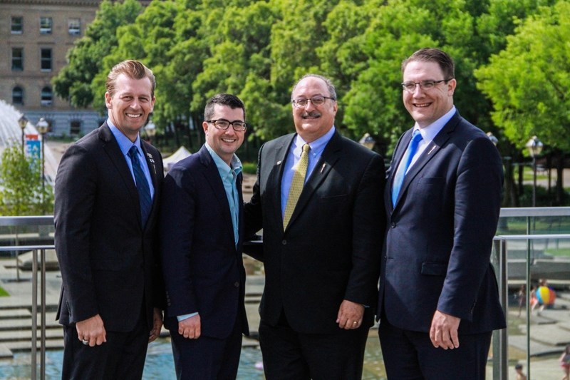 Olds-Didsbury-Three Hills MLA Nathan Cooper, the United Conservative Party&#8217;s interim leader, poses with other members of the party&#8217;s interim leadership team. From 