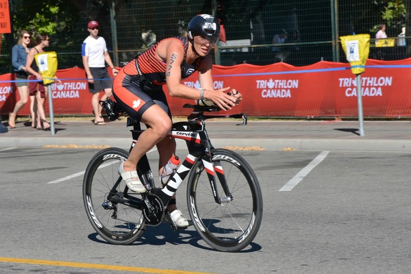 Hillie Van&#8217;T Klooster powers through the 120 km bike ride portion of the long distance triathlon during the Multispot World Championships Festival in Penticton, B.C.