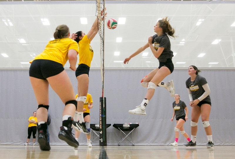 The Olds College Broncos women&#8217;s volleyball team practises at Olds College on Oct. 5.