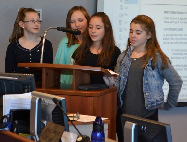 …cole Deer Meadow School students, from left: Rachel McIntyre, Lily McGee, Lize-Marie Hoffman and Brooklyn Linderman, make their pitch for funding a buddy bench to Olds