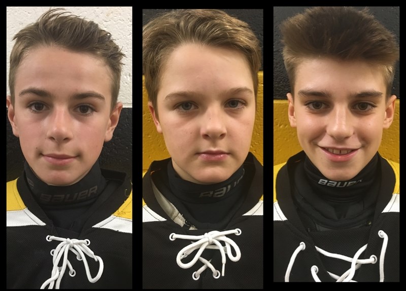 From left, Kaden Phillips, Rhett Miller and Owen Callow are all Olds Grizzlys peewee AA players who have been selected to play in the Alberta Winter Games.