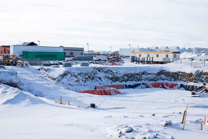 The construction site of the new Mountain View Credit Union location next to the Olds RCMP detachment building.