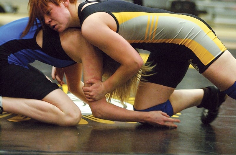 Olds High School wrestler Amber Maschke last year during competition. She won gold in her class on the weekend at the Alberta open.