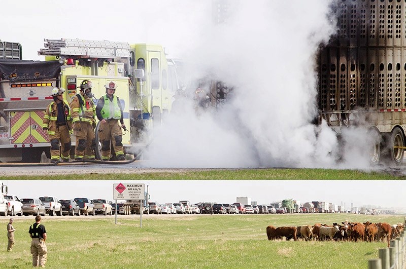 TOP: Firefighters put out a fire that started in the rear-end brakes of a cattle liner on Hwy 2 between the Olds and Didsbury overpasses last Thursday evening. BOTTOM: