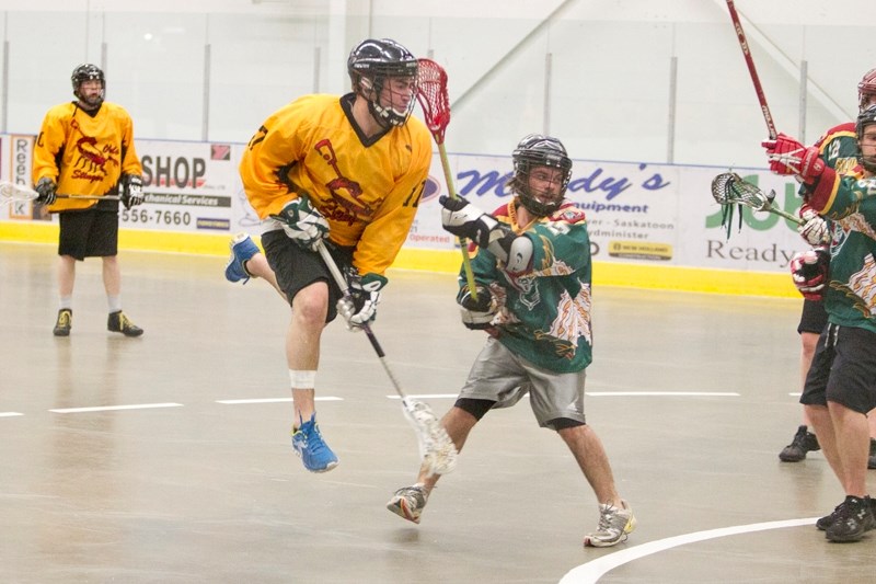 Olds Stingers player Conor O&#8217;neill makes a scoring attempt during the Stingers game against the Rockyview Silvertips at the Olds Sportsplex last Friday. The Stingers