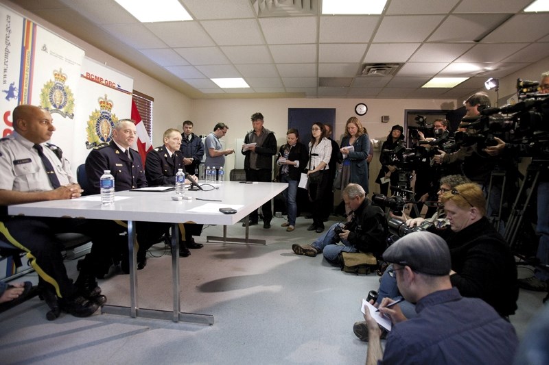 From left Cpl. A.J. Mand, RCMP Supt. Curtis Zablocki, district officer-in-charge, Central Alberta District of Alberta&#8217;s RCMP, and Insp. Garrett Woolsey, operations