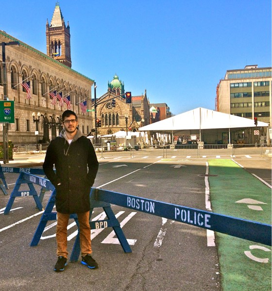 Phil Richard, a student at Boston&#8217;s Berklee College of Music who was born and raised in Olds, stands at the corner of Dartmouth Street and St. James Avenue on April 22, 