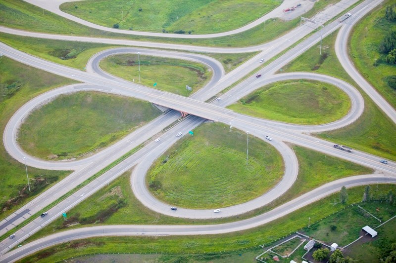 A view of the interchange of highways 2 and 27 prior to the completion of upgrades that now allow travellers heading eastbound on Highway 27 now turn left onto a straight