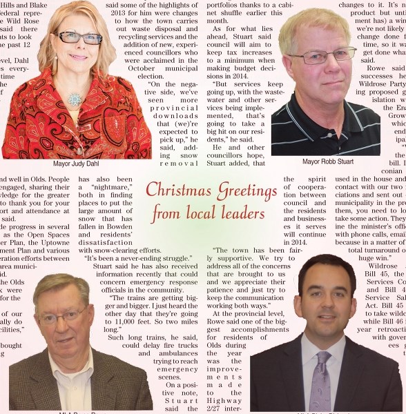 Clockwise from top left: Olds mayor Judy Dahl, Bowden mayor Robb Stuart, Olds-Didsbury-Three Hills MLA Bruce Rowe and Wild Rose MP Blake Richards.