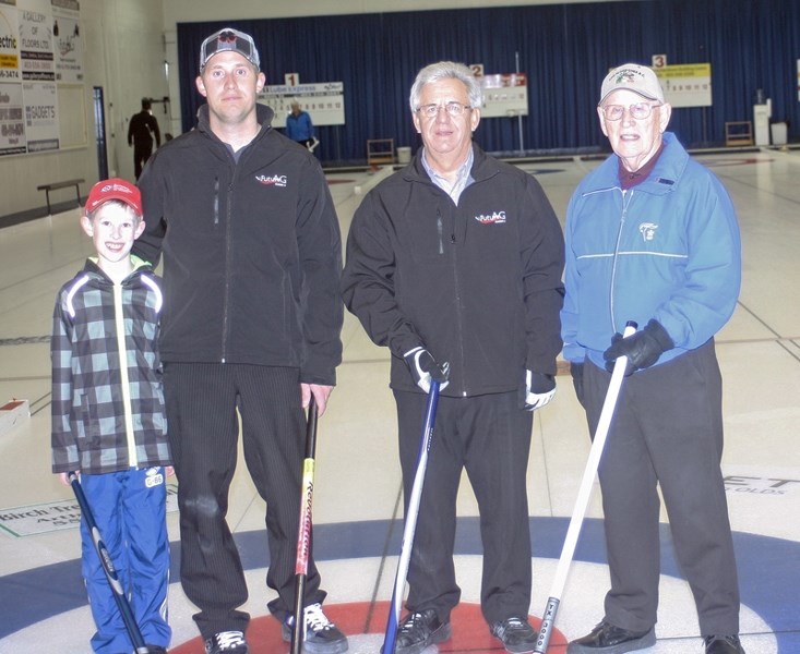 From left: Hunter Reese, his father Greg, his grandfather-in-law Harry and his great-grandfather Gordon Forbes curled together&lt;br /&gt;on Dec. 19 at the Olds Curling Club.