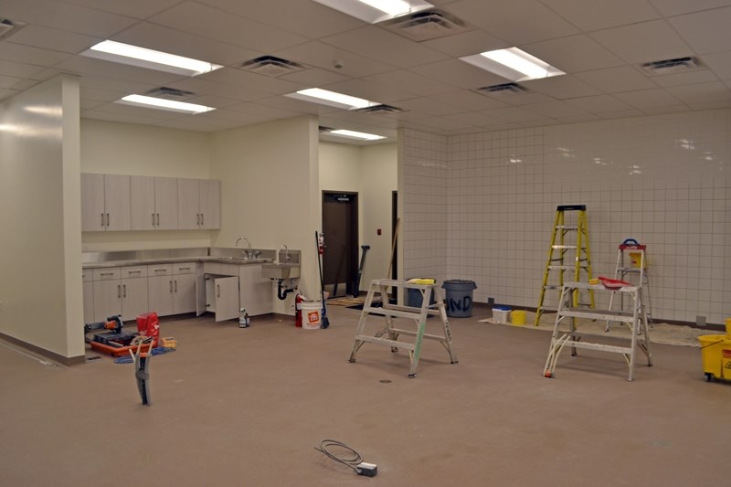 The nearly completed commercial kitchen. Committee members for the new hall expect all the equipment will soon arrive before the first big public event on March 15.