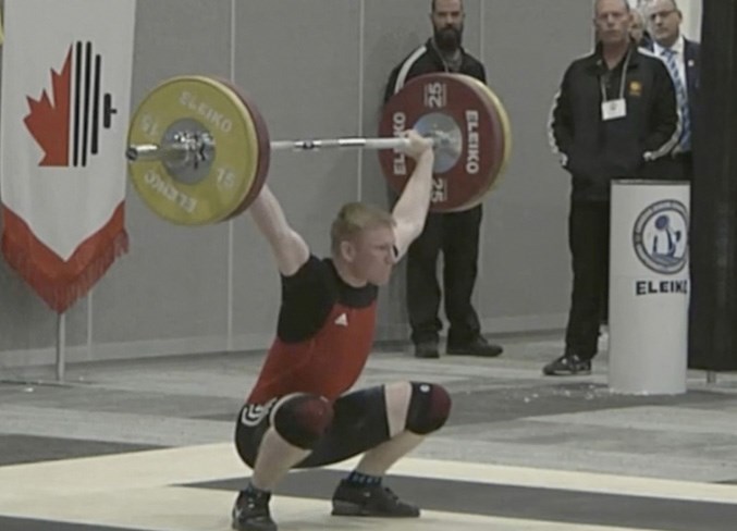 Zachary Latimer of rural Olds competes in the snatch category during the Canadian Junior Weightlifting Championships in Halifax.