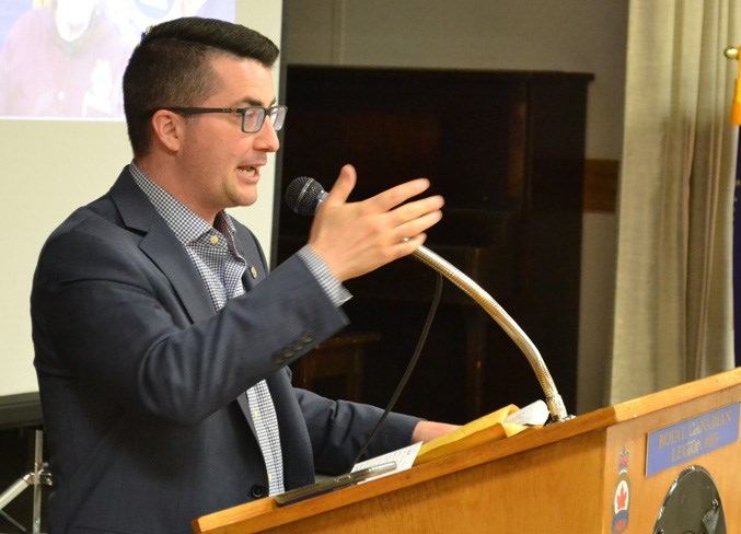 Olds-Didsbury-Three Hills MLA Nathan Cooper addresses the charter night crowd.